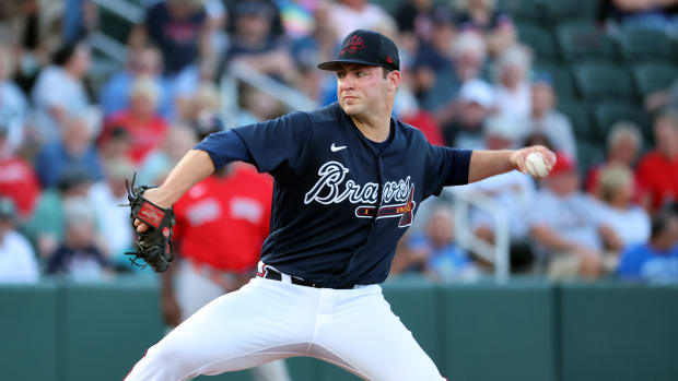 Mar 7, 2023; North Port, Florida, USA; Atlanta Braves pitcher Jared Shuster (84) throws a pitch during the first inning against the Boston Red Sox at CoolToday Park. Mandatory Credit: Kim Klement-USA TODAY Sports